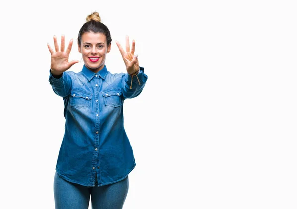 Joven Hermosa Mujer Sobre Fondo Aislado Mostrando Señalando Hacia Arriba — Foto de Stock