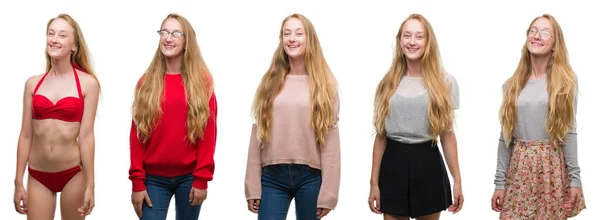 Collage Ung Blond Tjej Över Vita Isolerade Bakgrund Med Glad — Stockfoto