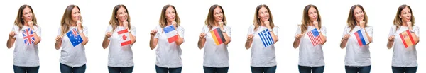 Колаж Зрілої Жінки Середнього Віку Тримає Прапори Різних Країн Над — стокове фото