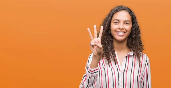 Beautiful Young Hispanic Woman Showing Pointing Fingers Number Three While — Stock Photo, Image