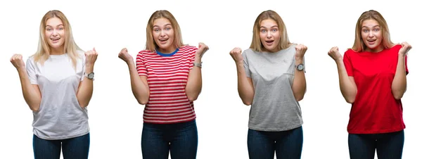 Collage Unga Vackra Blonda Kvinnan Bär Shirt Över Vita Isolerade — Stockfoto