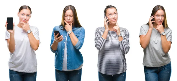 Collage Chica Joven Usando Teléfono Inteligente Sobre Fondo Blanco Aislado —  Fotos de Stock