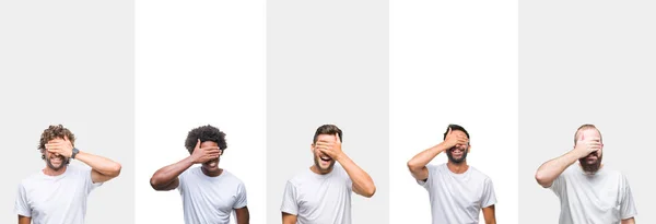 Collage Jóvenes Caucásicos Hispanos Afro Hombres Con Camiseta Blanca Sobre — Foto de Stock