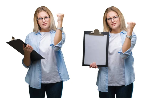 Collage Einer Jungen Schönen Blonden Geschäftsfrau Mit Klemmbrett Über Weißem — Stockfoto