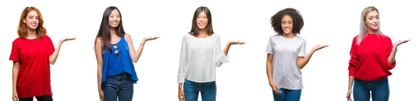陽気な提示とカメラを見て手の手のひらで指している笑みを浮かべて分離の背景に美しい中国 アジア アフリカ系アメリカ人 白人の女性のグループのコラージュ — ストック写真