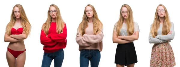 Collage Ung Blond Tjej Över Vit Isolerade Bakgrund Skeptiker Och — Stockfoto
