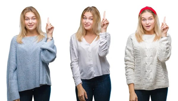 Collage Unga Vackra Blonda Kvinnan Över Vita Isolerade Backgroud Pekar — Stockfoto