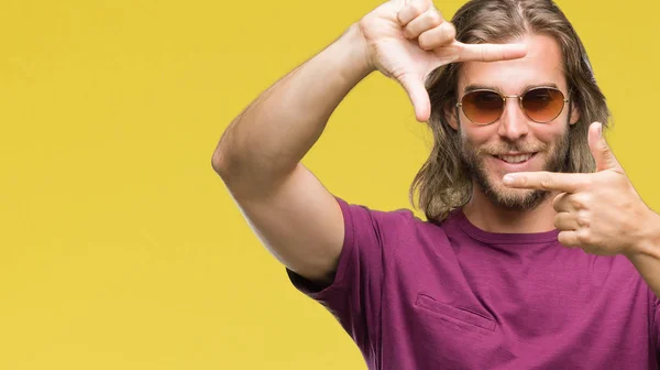 Young Handsome Man Long Hair Wearing Sunglasses Isolated Background Smiling — Stock Photo, Image