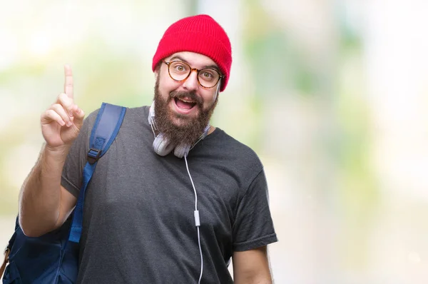 Young Hipster Man Wearing Red Wool Cap Backpack Isolated Background — Stock Photo, Image