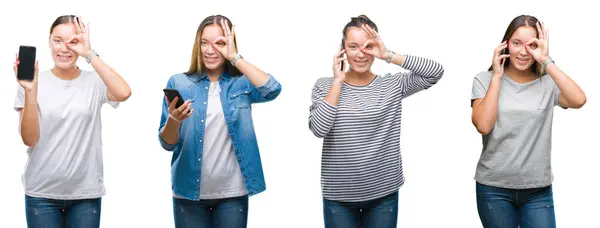 Colagem Menina Usando Smartphone Sobre Fundo Isolado Branco Com Rosto — Fotografia de Stock