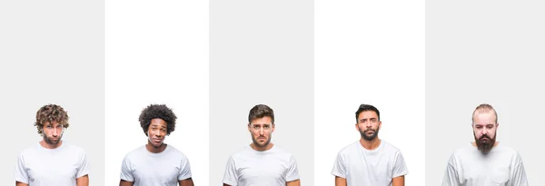 화이트에 티셔츠를 히스패닉 아프리카 남자의 콜라주 우울을 두려워 고통에 — 스톡 사진