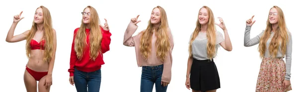 Collage Ung Blond Tjej Över Vita Isolerade Bakgrund Leende Och — Stockfoto