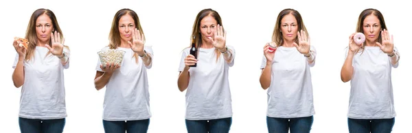 Collage Middle Age Mature Woman Eating Food White Isolated Background — Stock Photo, Image