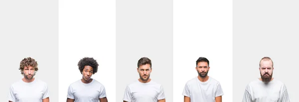 화이트에 화이트 티셔츠를 히스패닉 아프리카 남자의 콜라주 의심과 찡그림 때문에 — 스톡 사진