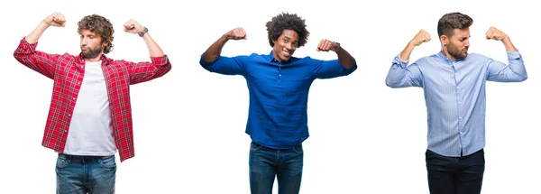 在孤立的背景下显示手臂肌肉微笑的一群非洲裔美国人和西班牙裔男子的拼贴画自豪 健身理念 — 图库照片