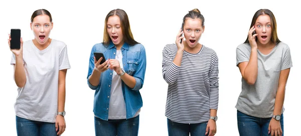 Collage Dziewczyna Przy Użyciu Smartfona Przez Biały Białym Tle Przestraszony — Zdjęcie stockowe