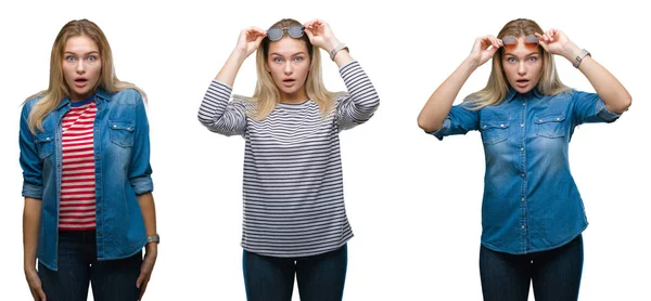 Collage Unga Vackra Blonda Kvinnan Bär Solglasögon Över Vita Isolerade — Stockfoto