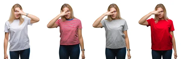 Collage Unga Vackra Blonda Kvinnan Bär Shirt Över Vita Isolerade — Stockfoto