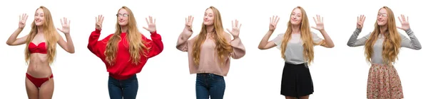 Koláž Mladá Blondýnka Bílé Izolované Pozadí Zobrazení Ukázal Prsty Číslo — Stock fotografie