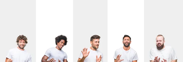 Collage Young Caucasian Hispanic Afro Men Wearing White Shirt White — Stock Photo, Image