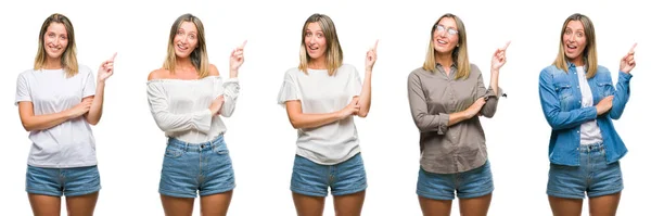 Collage Rubia Hermosa Mujer Con Mirada Casual Sobre Fondo Blanco — Foto de Stock