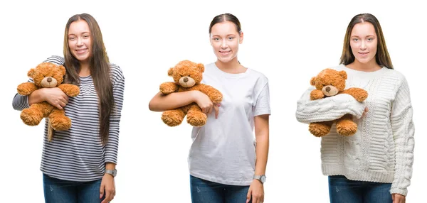 Koláž Mladá Dívka Drží Medvídek Bílý Izolované Pozadí Šťastný Obličej — Stock fotografie