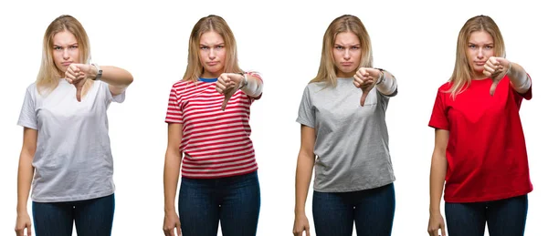 Collage Unga Vackra Blonda Kvinnan Bär Shirt Över Vita Isolerade — Stockfoto