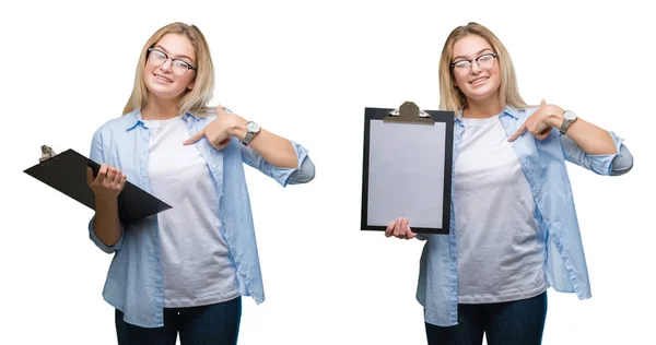 Collage Einer Jungen Schönen Blonden Geschäftsfrau Mit Klemmbrett Über Weißem — Stockfoto