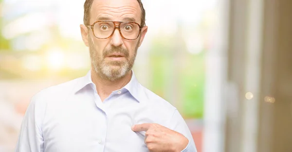 Mann Mittleren Alters Mit Brille Glücklich Und Überrascht Jubelnd Mit — Stockfoto