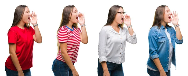 Colagem Menina Bonita Jovem Sobre Fundo Isolado Branco Gritando Gritando — Fotografia de Stock