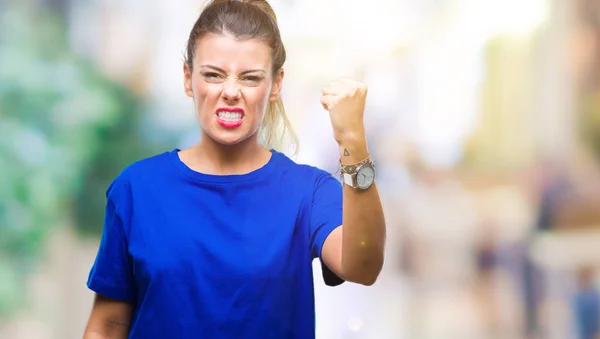 Jovem Mulher Bonita Vestindo Casual Azul Shirt Sobre Fundo Isolado — Fotografia de Stock