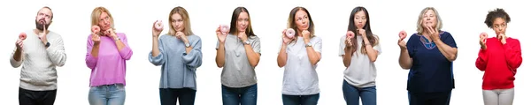 Collage Gruppen Människor Som Äter Donut Över Isolerade Bakgrund Allvarligt — Stockfoto