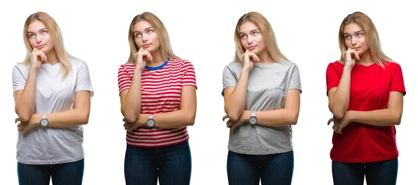 Collage Joven Hermosa Mujer Rubia Con Una Camiseta Sobre Fondo —  Fotos de Stock