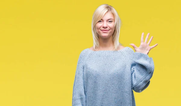 Junge Schöne Blonde Frau Trägt Winterpullover Über Isoliertem Hintergrund Zeigt — Stockfoto