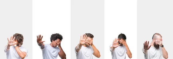 Collage Jóvenes Caucásicos Hispanos Afro Hombres Con Camiseta Blanca Sobre —  Fotos de Stock