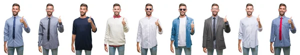 Collage Van Jonge Man Witte Geïsoleerde Achtergrondgeluid Gelukkig Duimschroef Opwaarts — Stockfoto