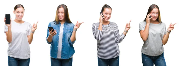 Collage Niña Utilizando Teléfono Inteligente Sobre Fondo Blanco Aislado Muy —  Fotos de Stock