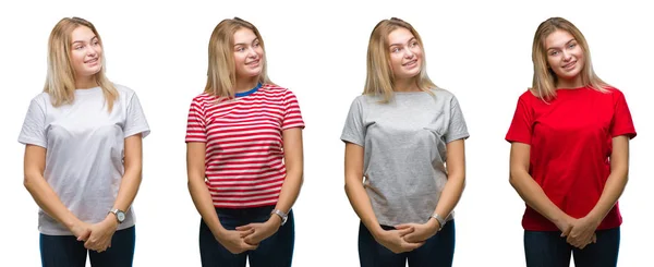 Collage Unga Vackra Blonda Kvinnan Bär Shirt Över Vita Isolerade — Stockfoto