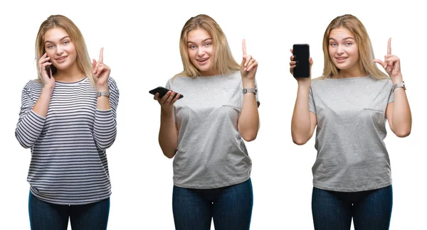 Collage Von Jungen Schönen Blonden Geschäftsfrau Mit Smartphone Über Weißen — Stockfoto