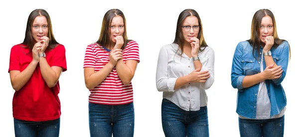 Collage Ung Vacker Flicka Över Vit Isolerade Bakgrund Ser Stressad — Stockfoto