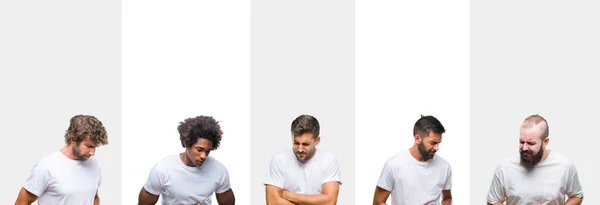 Collage Unga Kaukasiska Spansktalande Afro Män Bär Vit Shirt Över — Stockfoto