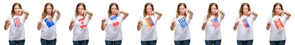 Collage Middle Age Mature Woman Holding Flags Different Countries White — Stock Photo, Image