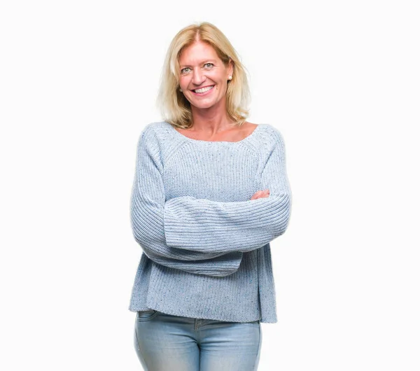 Medelålders Blond Kvinna Iförd Vinter Tröja Över Isolerade Bakgrund Glada — Stockfoto