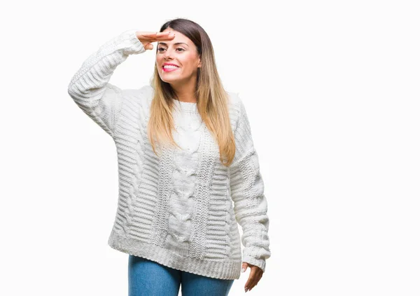 Junge Schöne Frau Lässigen Weißen Pullover Über Isoliertem Hintergrund Sehr — Stockfoto