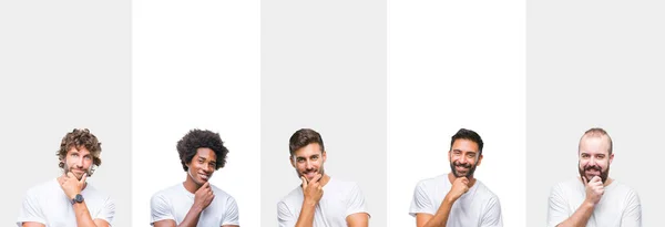 Collage Unga Kaukasiska Spansktalande Afro Män Bär Vit Shirt Över — Stockfoto