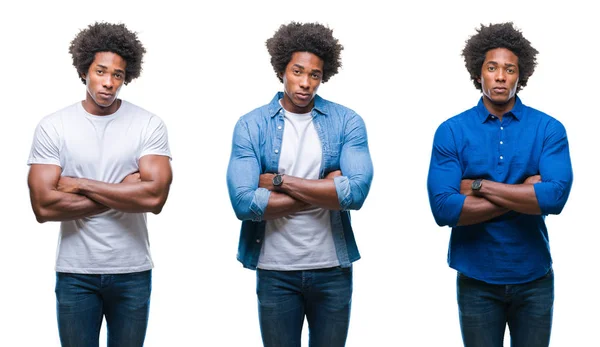 拼贴的非洲裔美国年轻的无衫男子和商人在孤立的背景怀疑和紧张 不赞成表达面对交叉的武器 消极的人 — 图库照片