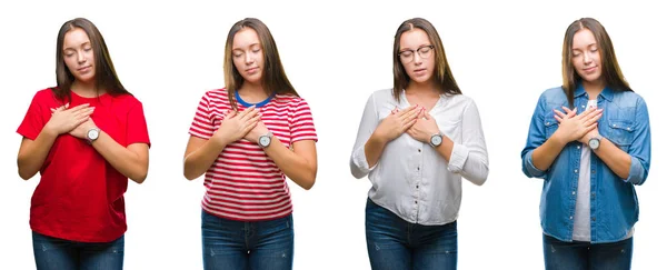 Collage Van Jong Mooi Meisje Witte Geïsoleerde Achtergrond Glimlachend Met — Stockfoto