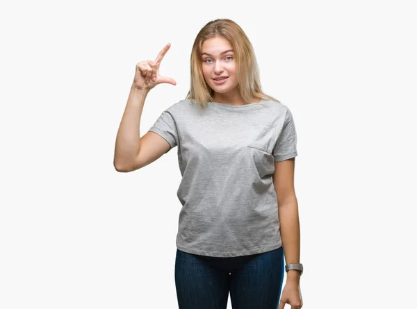Young Caucasian Woman Isolated Background Smiling Confident Gesturing Hand Doing — Stock Photo, Image