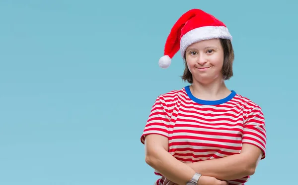 Молодая Взрослая Женщина Синдромом Дауна Рождественской Шляпе Изолированном Фоне Счастливое — стоковое фото
