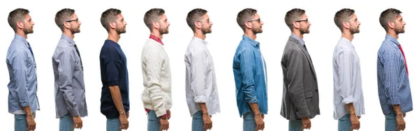 Collage Van Jonge Man Witte Geïsoleerd Achtergrondgeluid Zoek Naar Kant — Stockfoto
